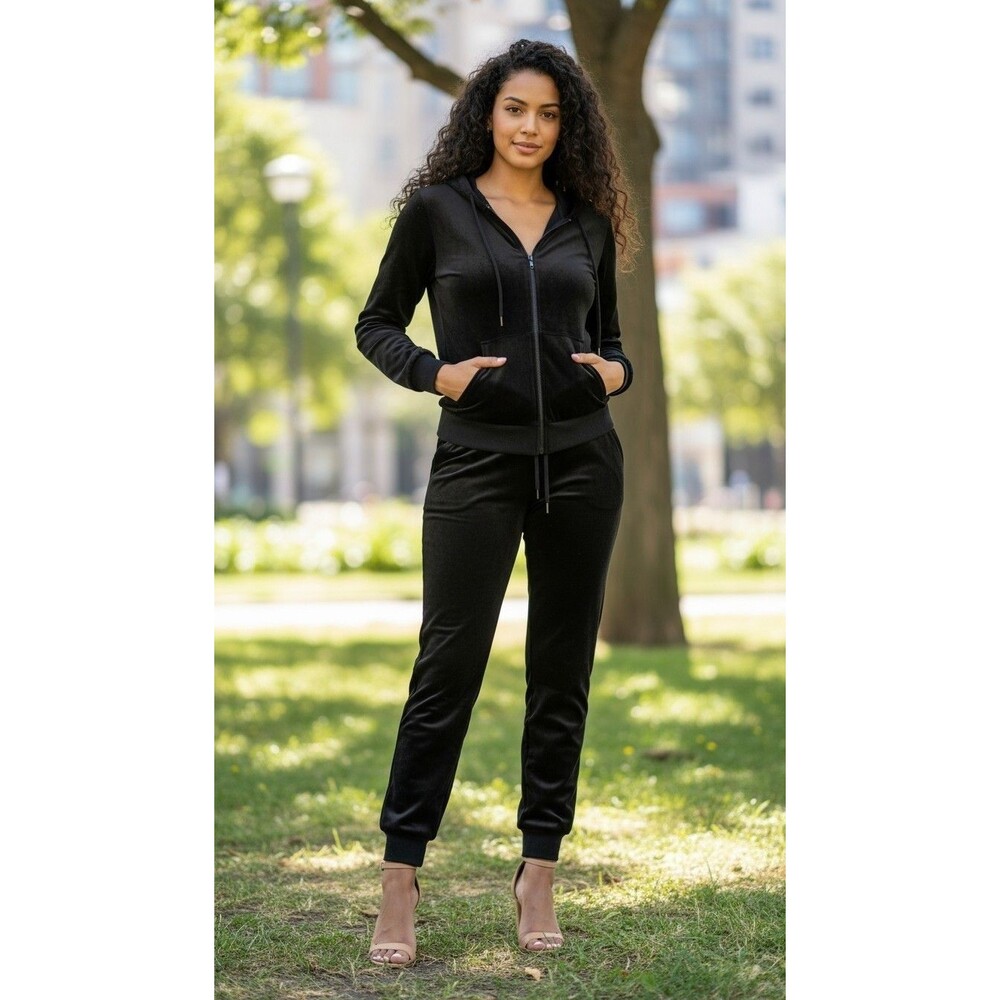 White Mark Black Velour Hooded zip  jacket And Pant Set . XL